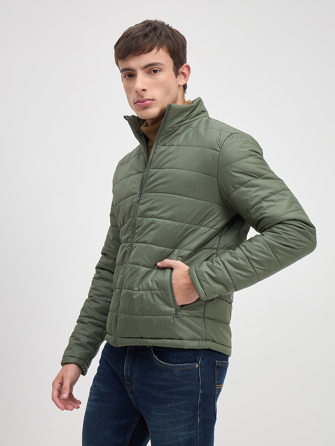 ICONIC Men Green Quilted High Neck Regular Fit Jacket