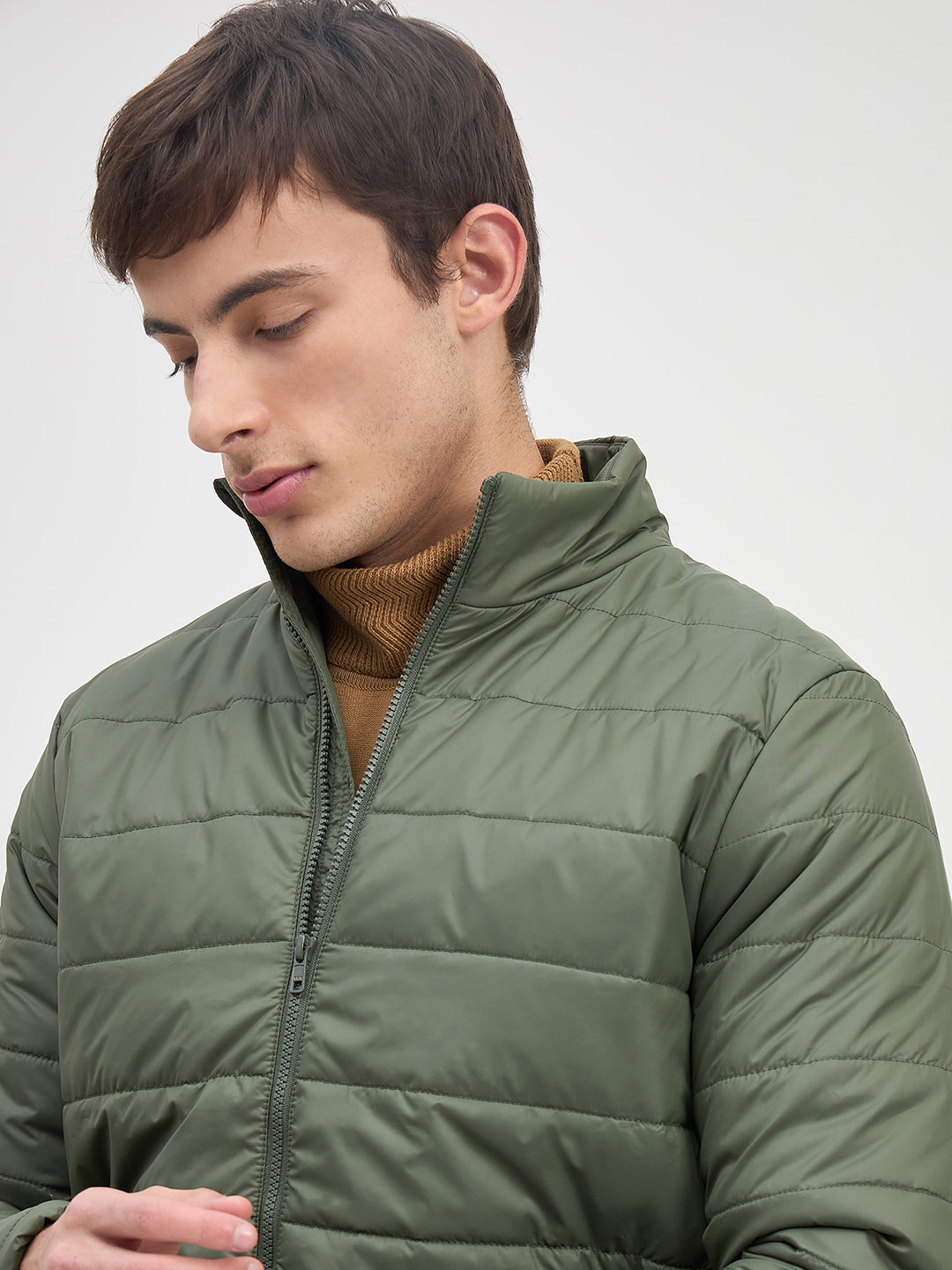ICONIC Men Green Quilted High Neck Regular Fit Jacket