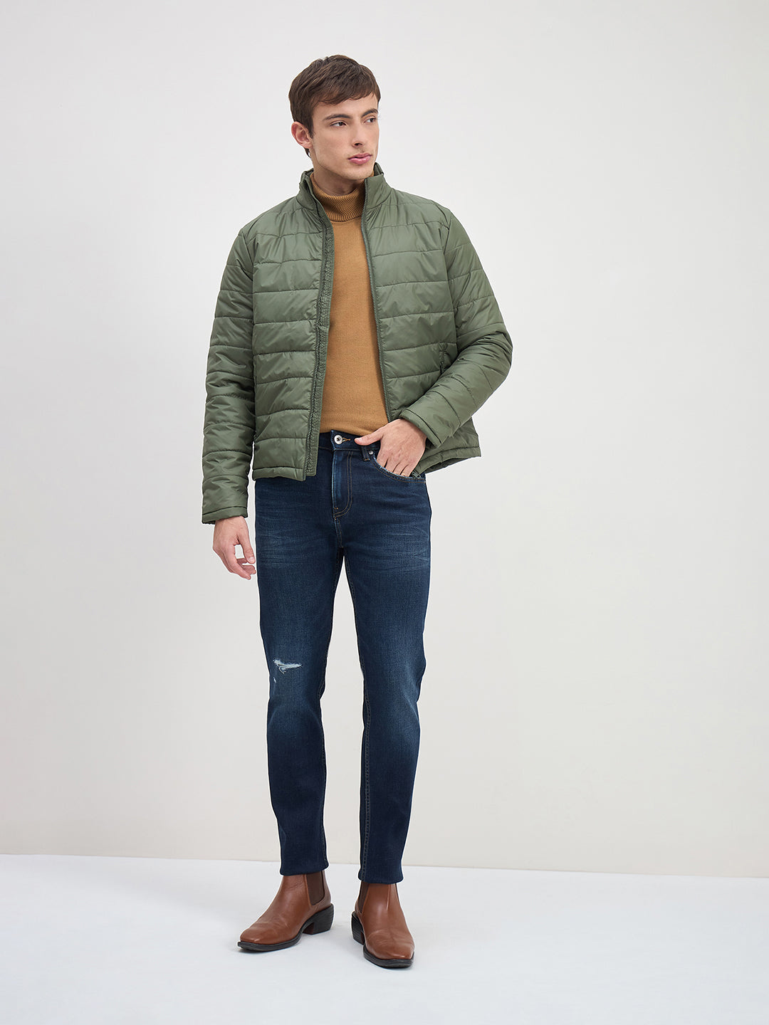 ICONIC Men Green Quilted High Neck Regular Fit Jacket