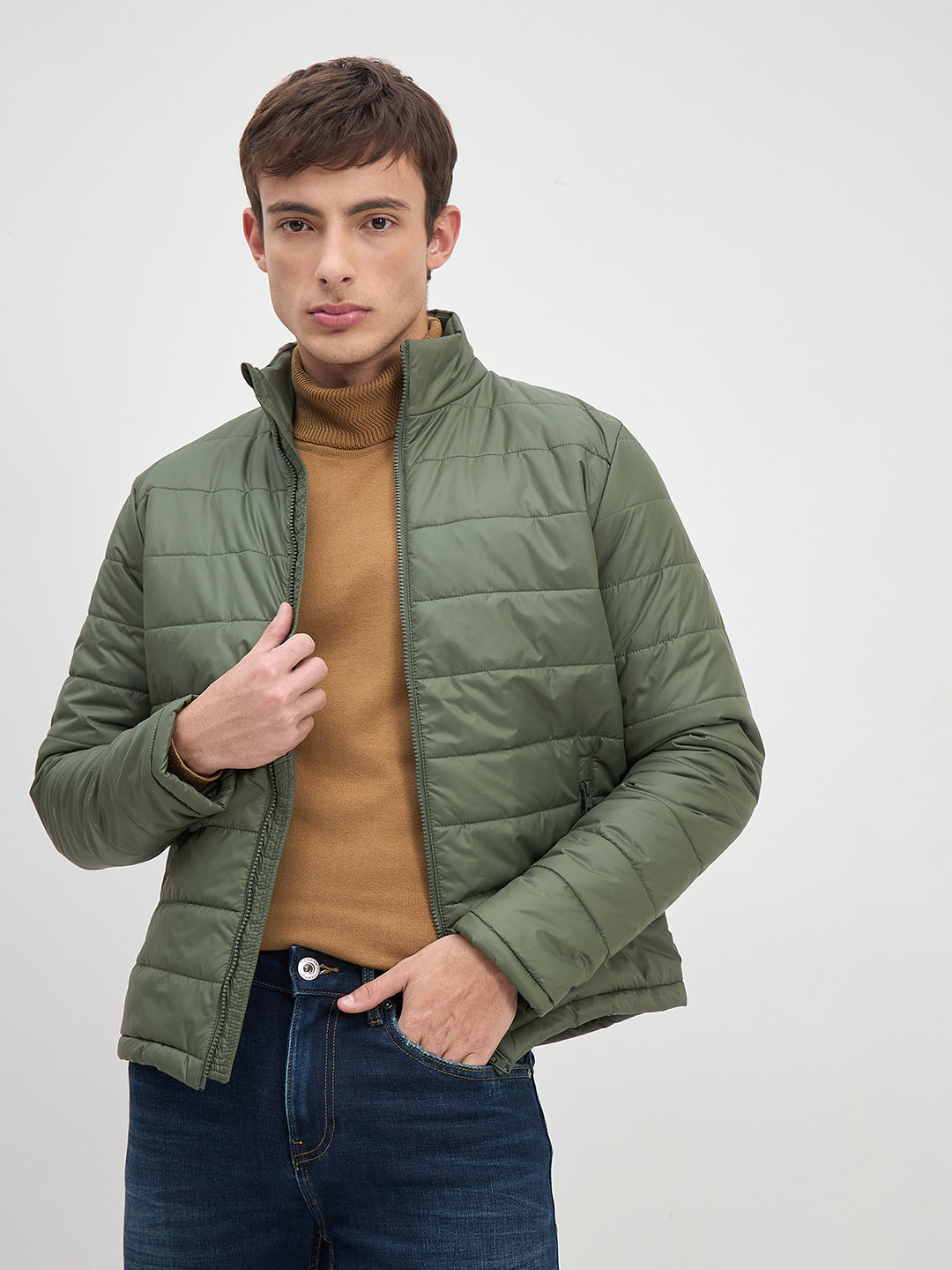ICONIC Men Green Quilted High Neck Regular Fit Jacket