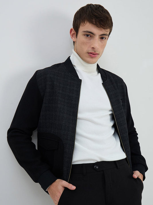 Iconic Men Black Check Lapel Collar Jacket
