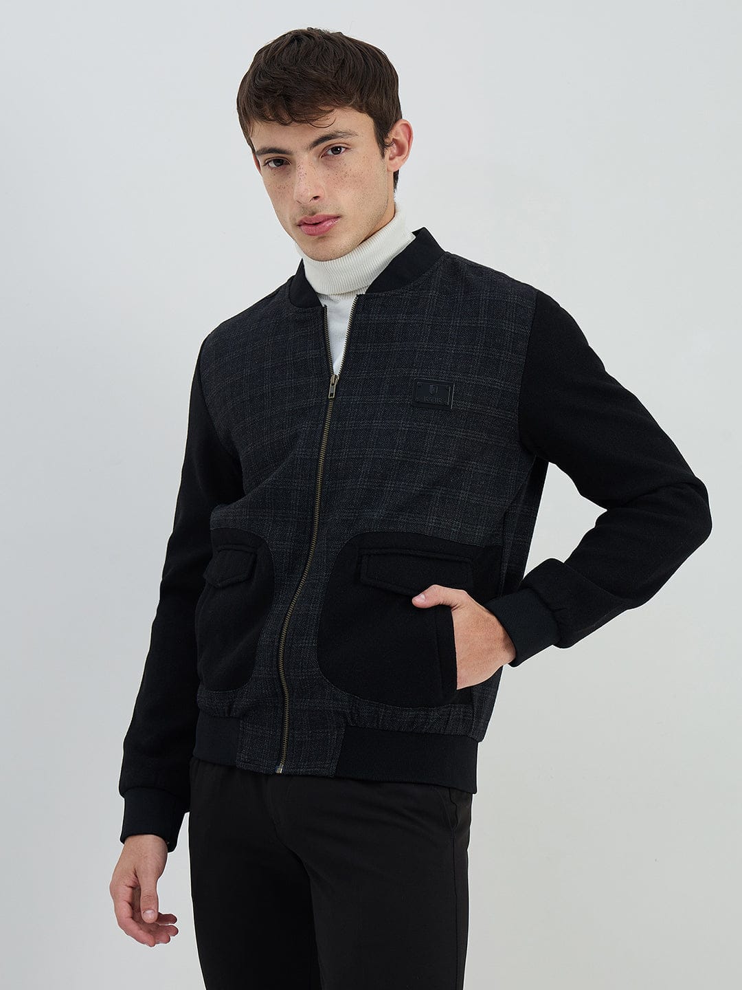 Iconic Men Black Check Lapel Collar Jacket