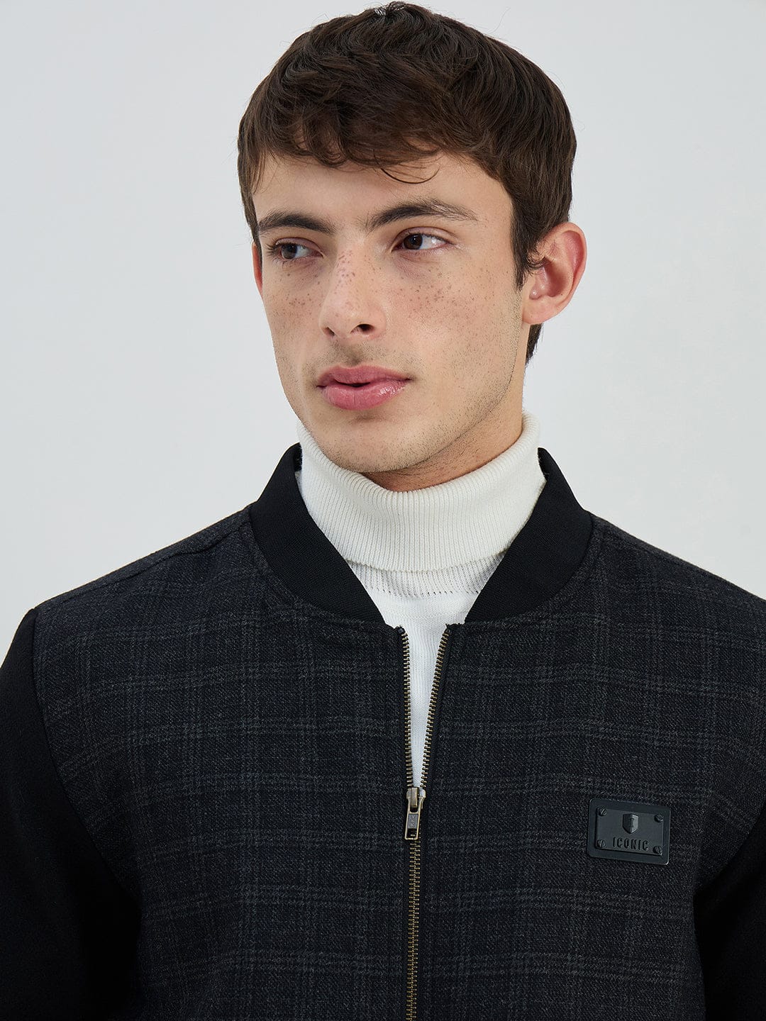 Iconic Men Black Check Lapel Collar Jacket