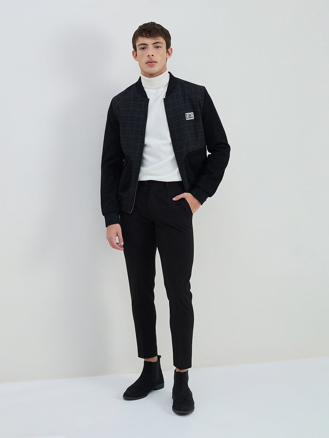 Iconic Men Black Check Lapel Collar Jacket