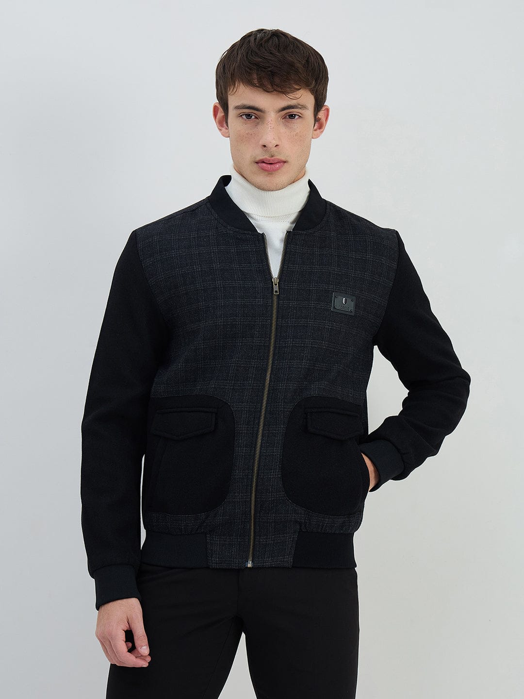 Iconic Men Black Check Lapel Collar Jacket