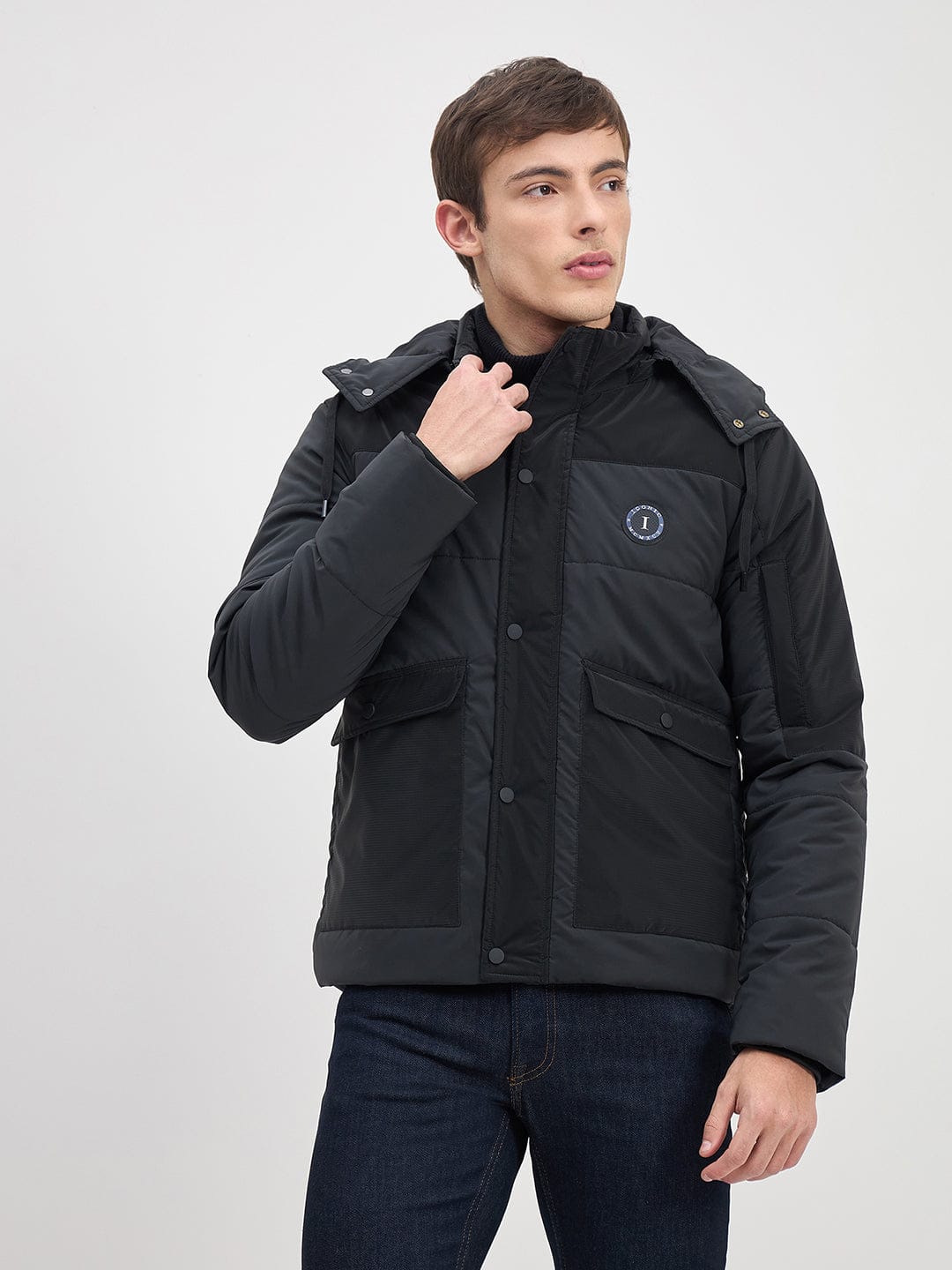 ICONIC Men Black Quilted Regular Fit Hoodie Jacket