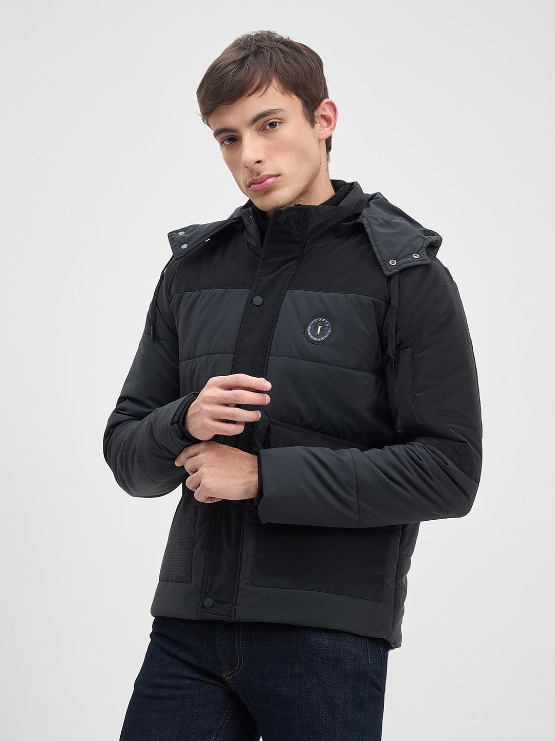 ICONIC Men Black Quilted Regular Fit Hoodie Jacket