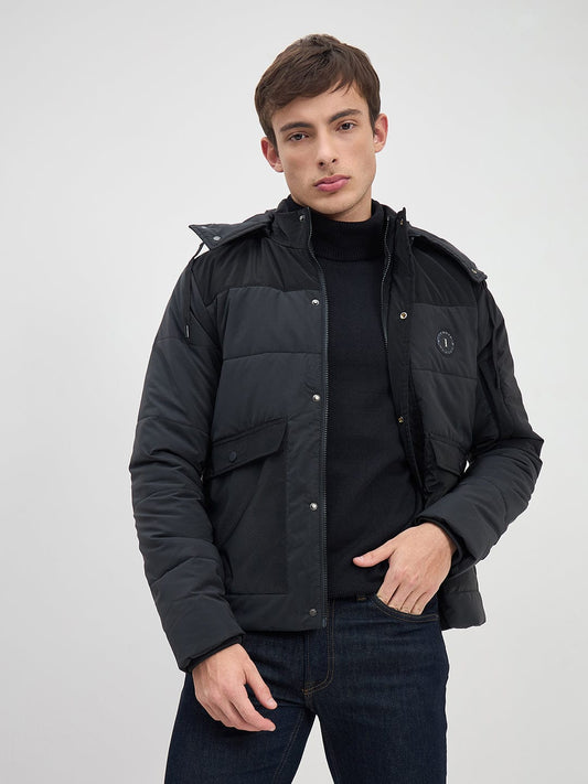 ICONIC Men Black Quilted Regular Fit Hoodie Jacket