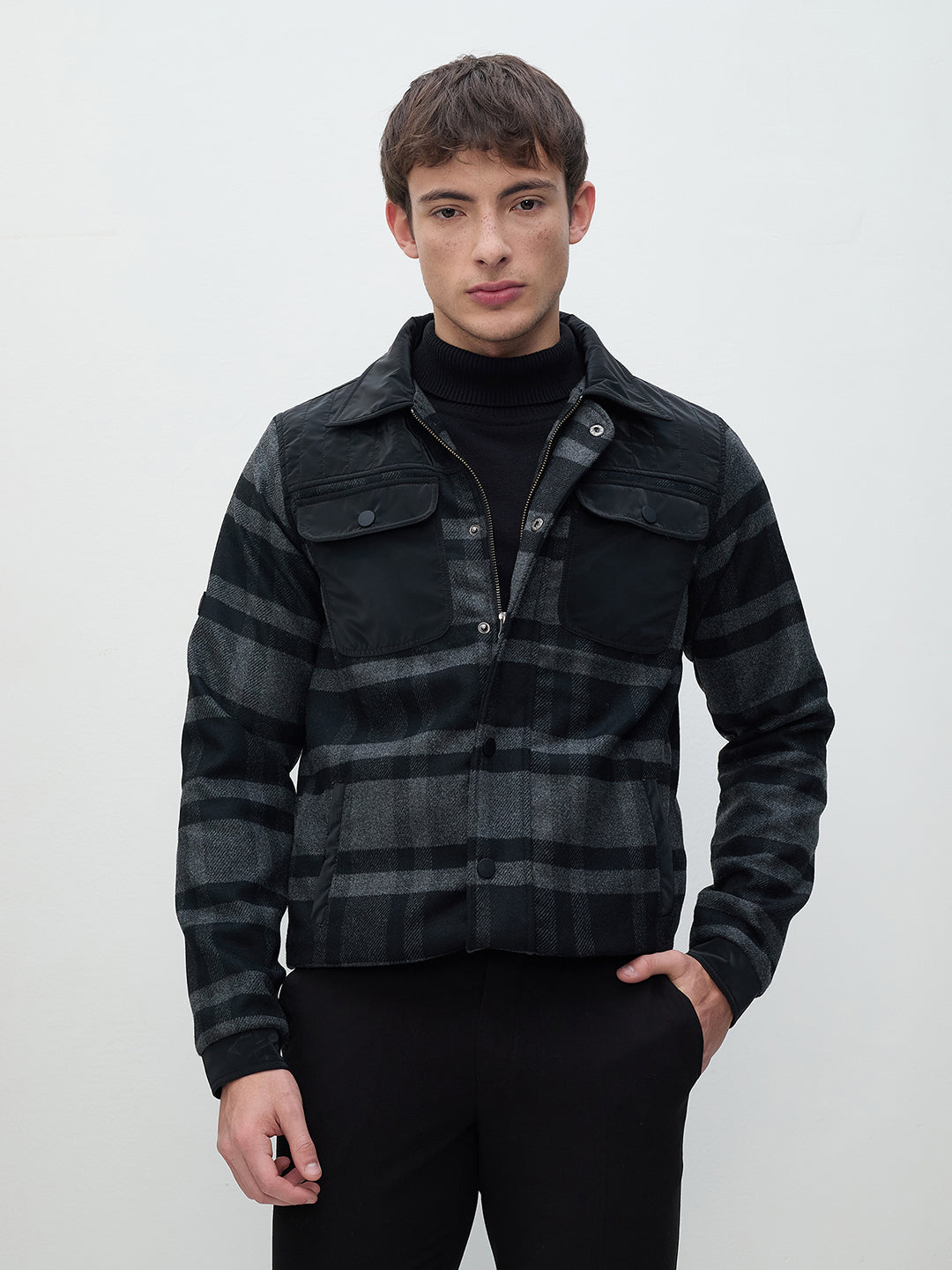 ICONIC Men Black Check Regular Fit Jacket