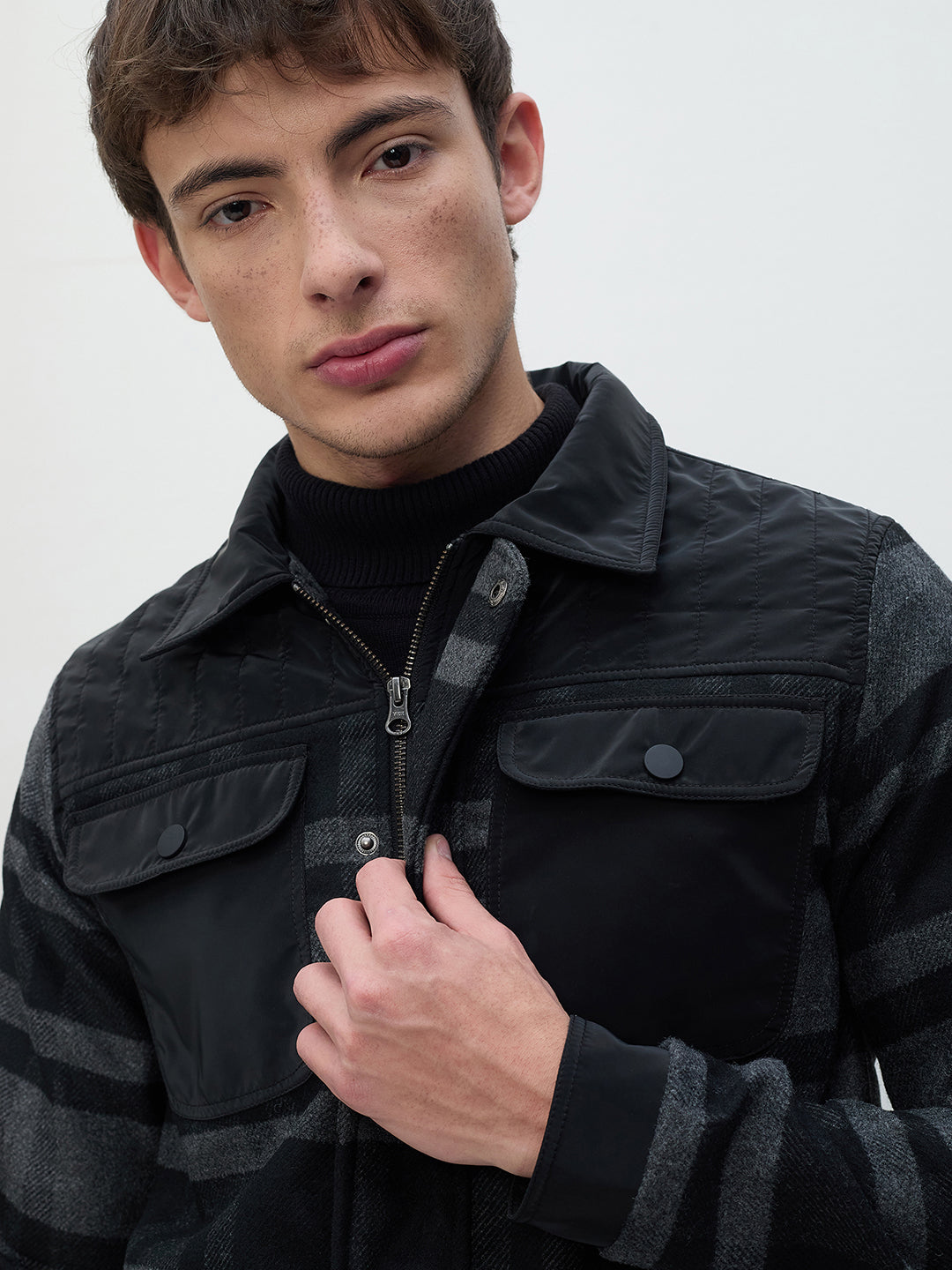 ICONIC Men Black Check Regular Fit Jacket