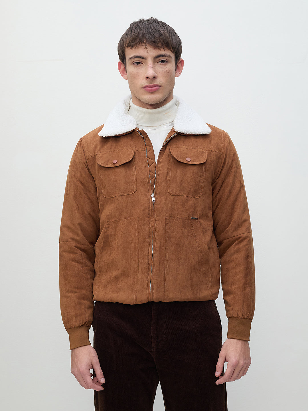 ICONIC Men Brown Suede Detachable Collar Jacket