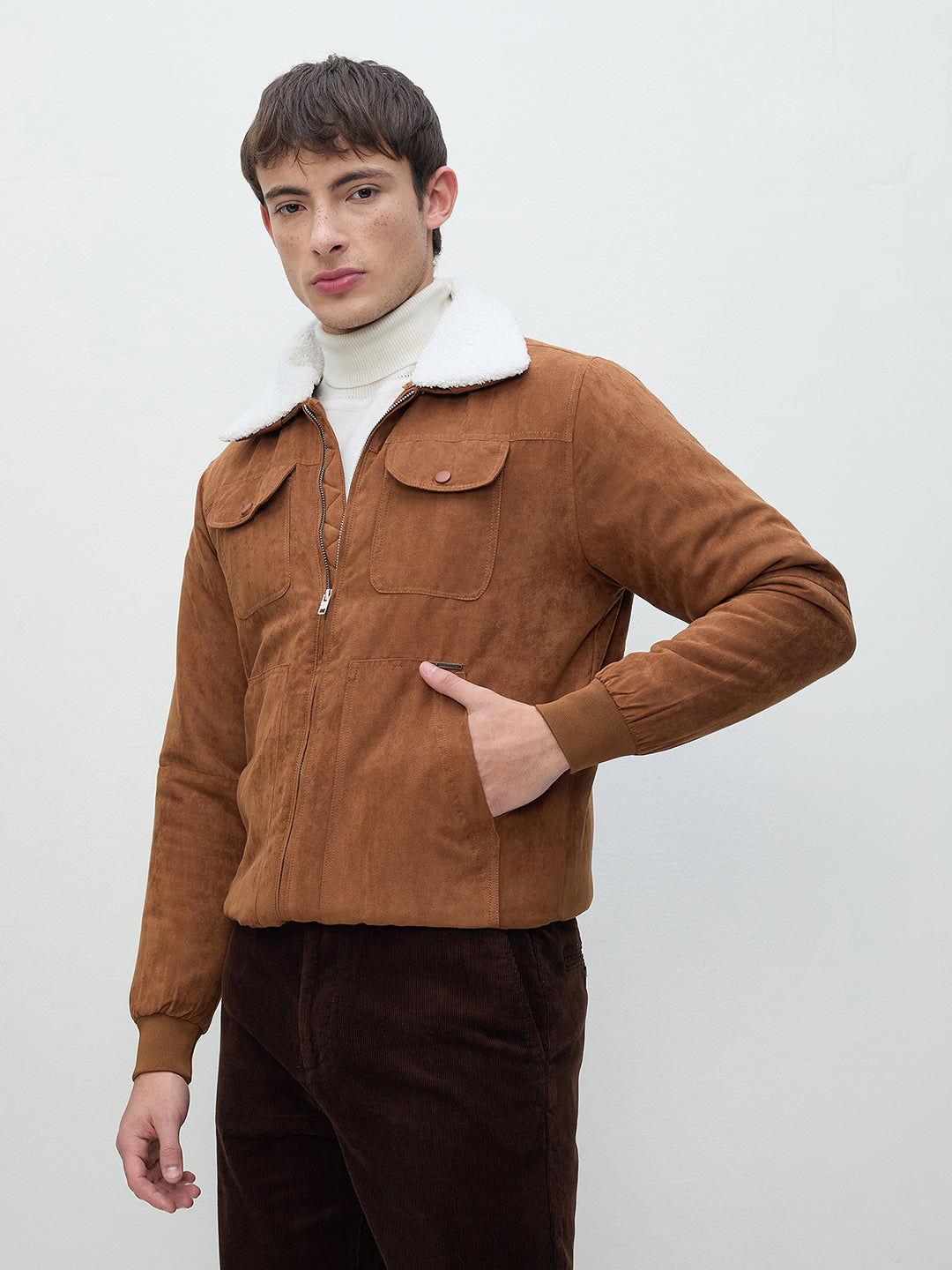 ICONIC Men Brown Suede Detachable Collar Jacket
