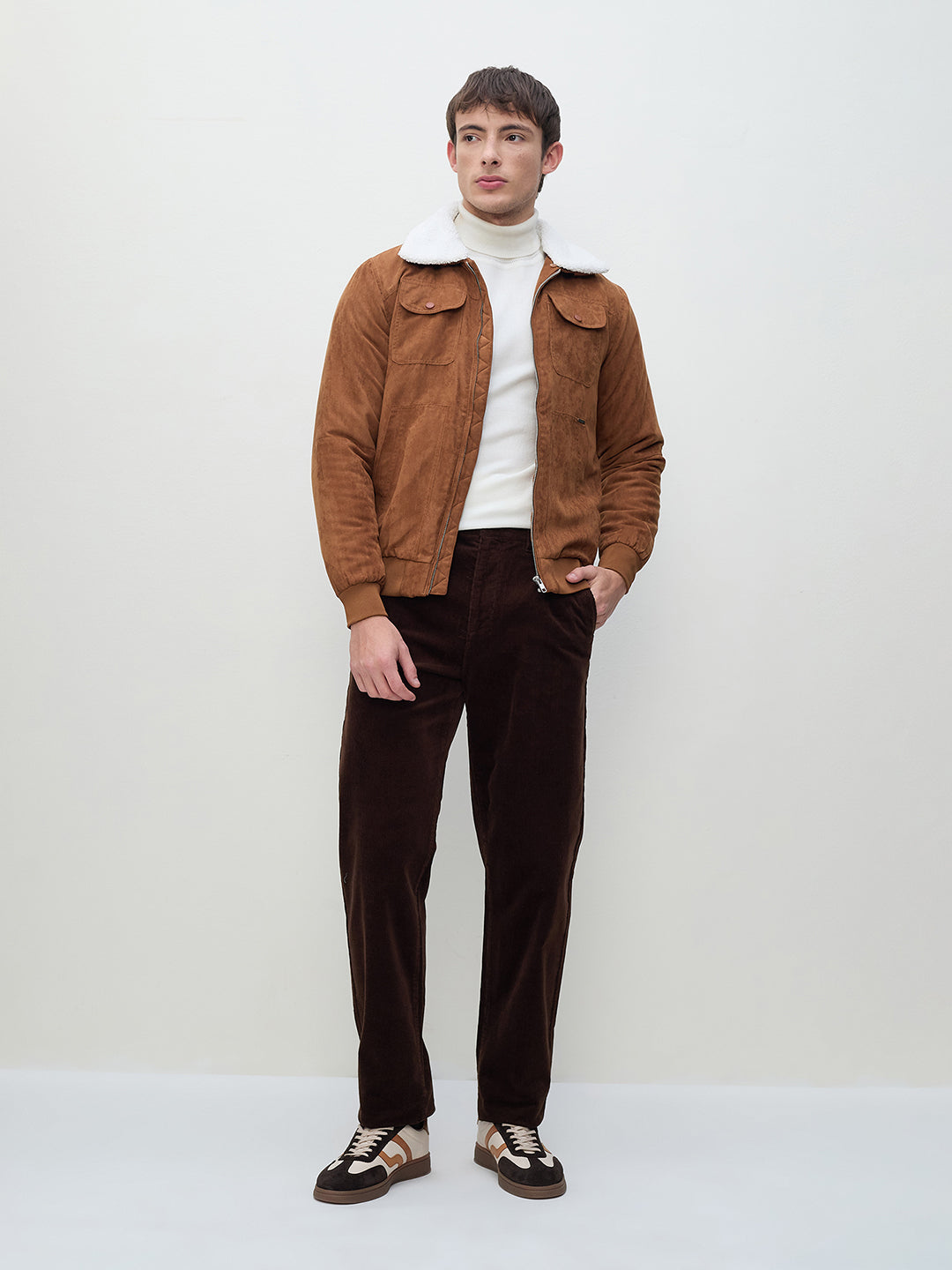 ICONIC Men Brown Suede Detachable Collar Jacket