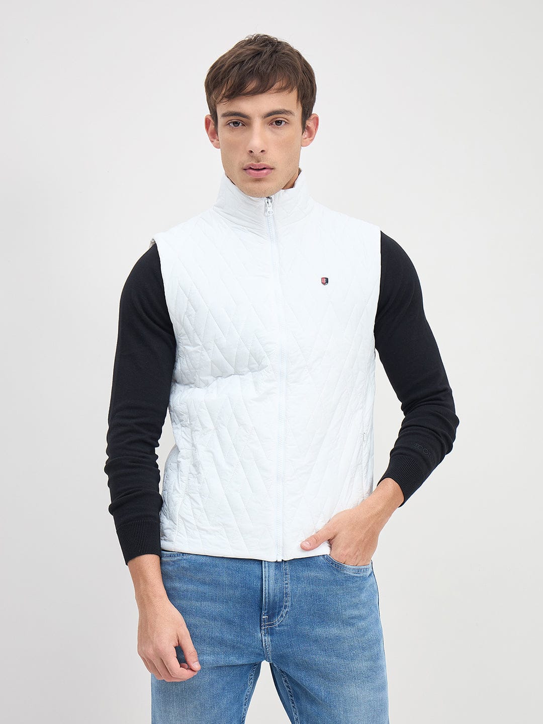 ICONIC Men White Quilted Regular Fit Hoodie Jacket