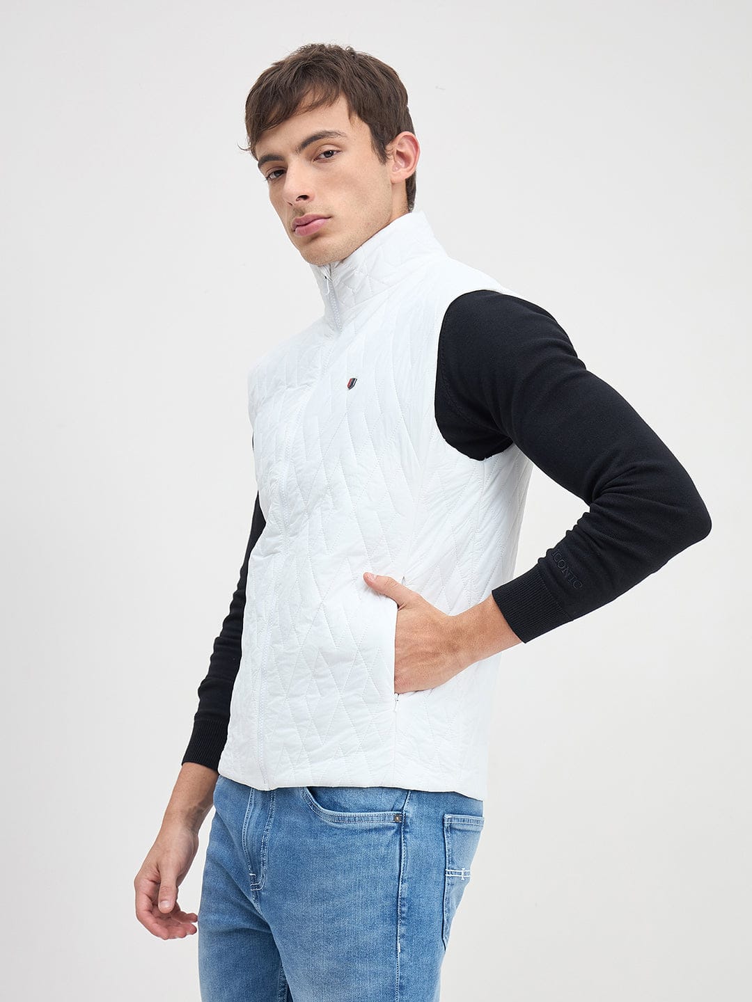 ICONIC Men White Quilted Regular Fit Hoodie Jacket