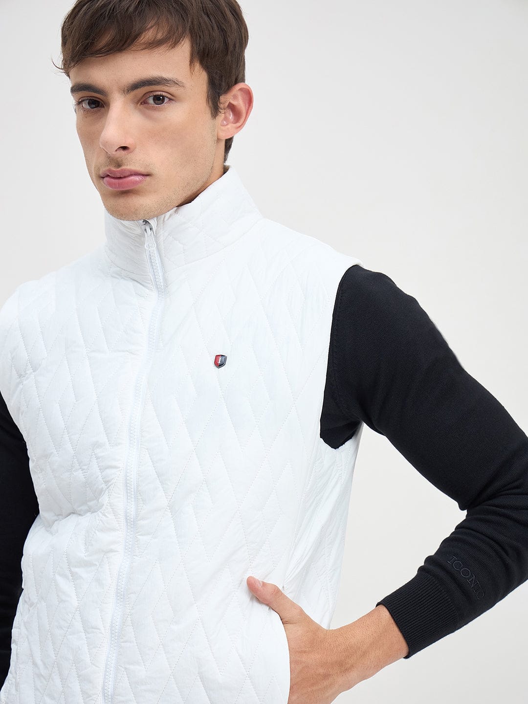 ICONIC Men White Quilted Regular Fit Hoodie Jacket