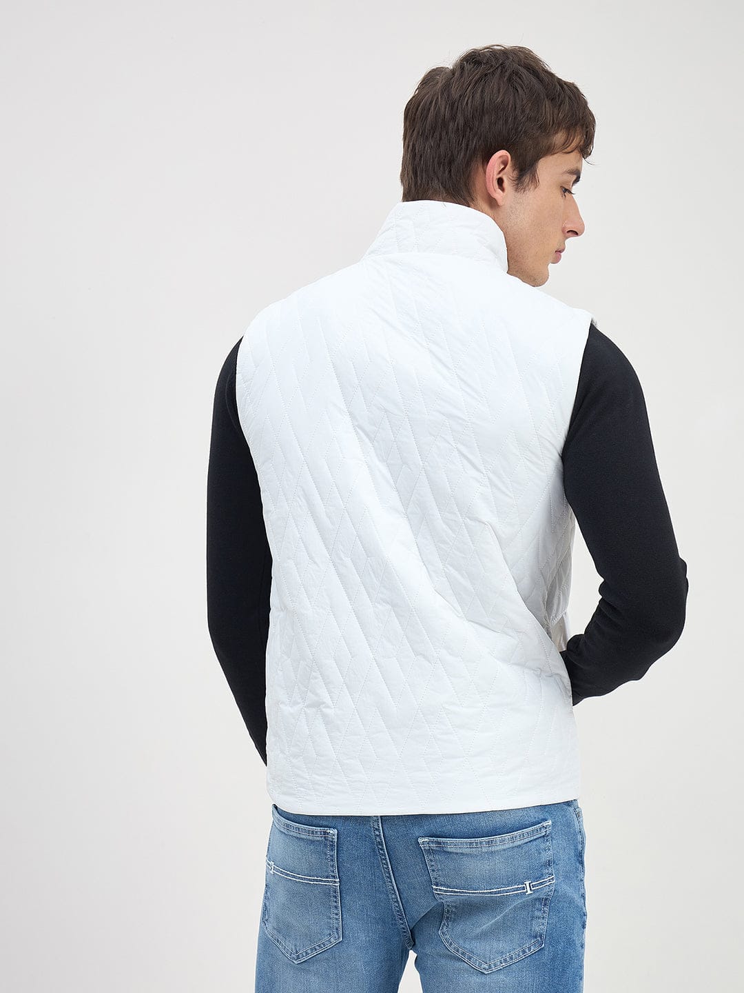 ICONIC Men White Quilted Regular Fit Hoodie Jacket