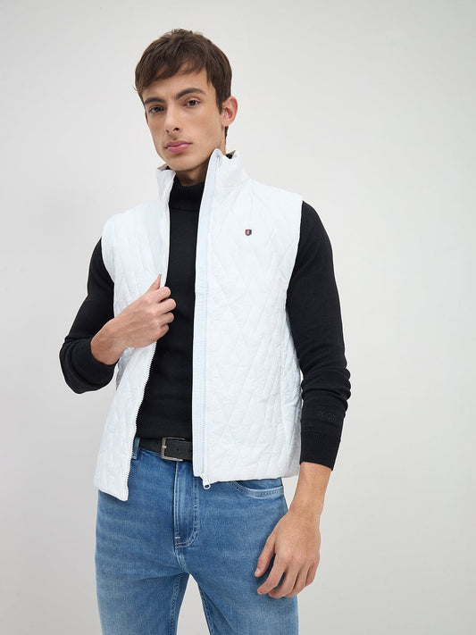 ICONIC Men White Quilted Regular Fit Hoodie Jacket