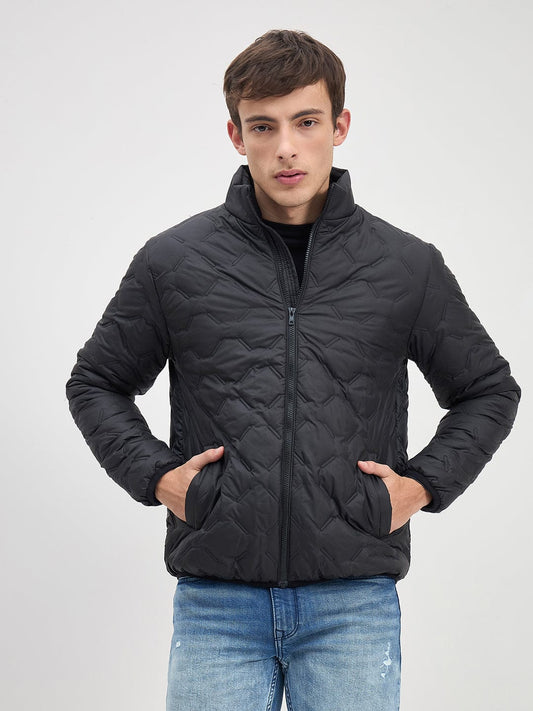 ICONIC Men Black Quilted Regular Fit Hoodie Jacket