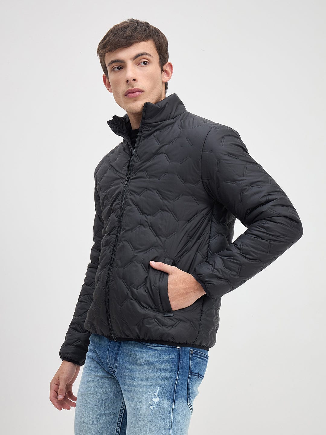 ICONIC Men Black Quilted Regular Fit Hoodie Jacket