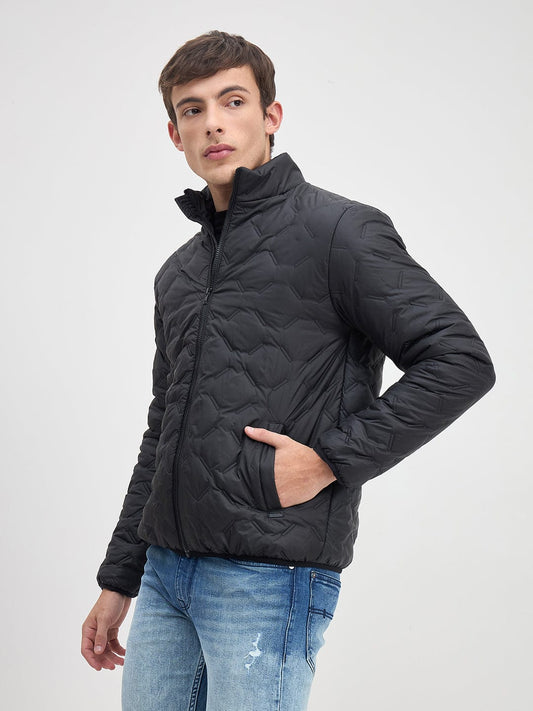 ICONIC Men Black Quilted Regular Fit Hoodie Jacket