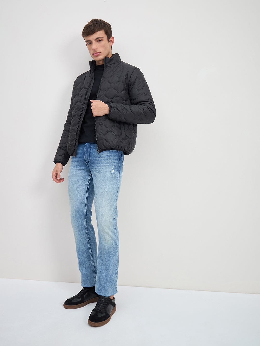 ICONIC Men Black Quilted Regular Fit Hoodie Jacket