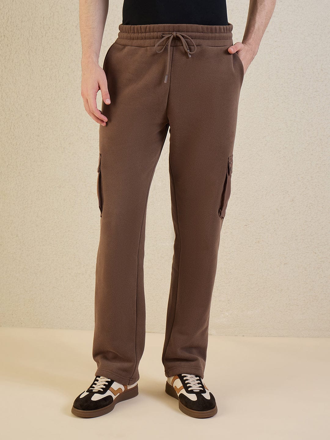 Iconic Men Brown Solid Pure Cotton Cargo Fit Sweat Pant