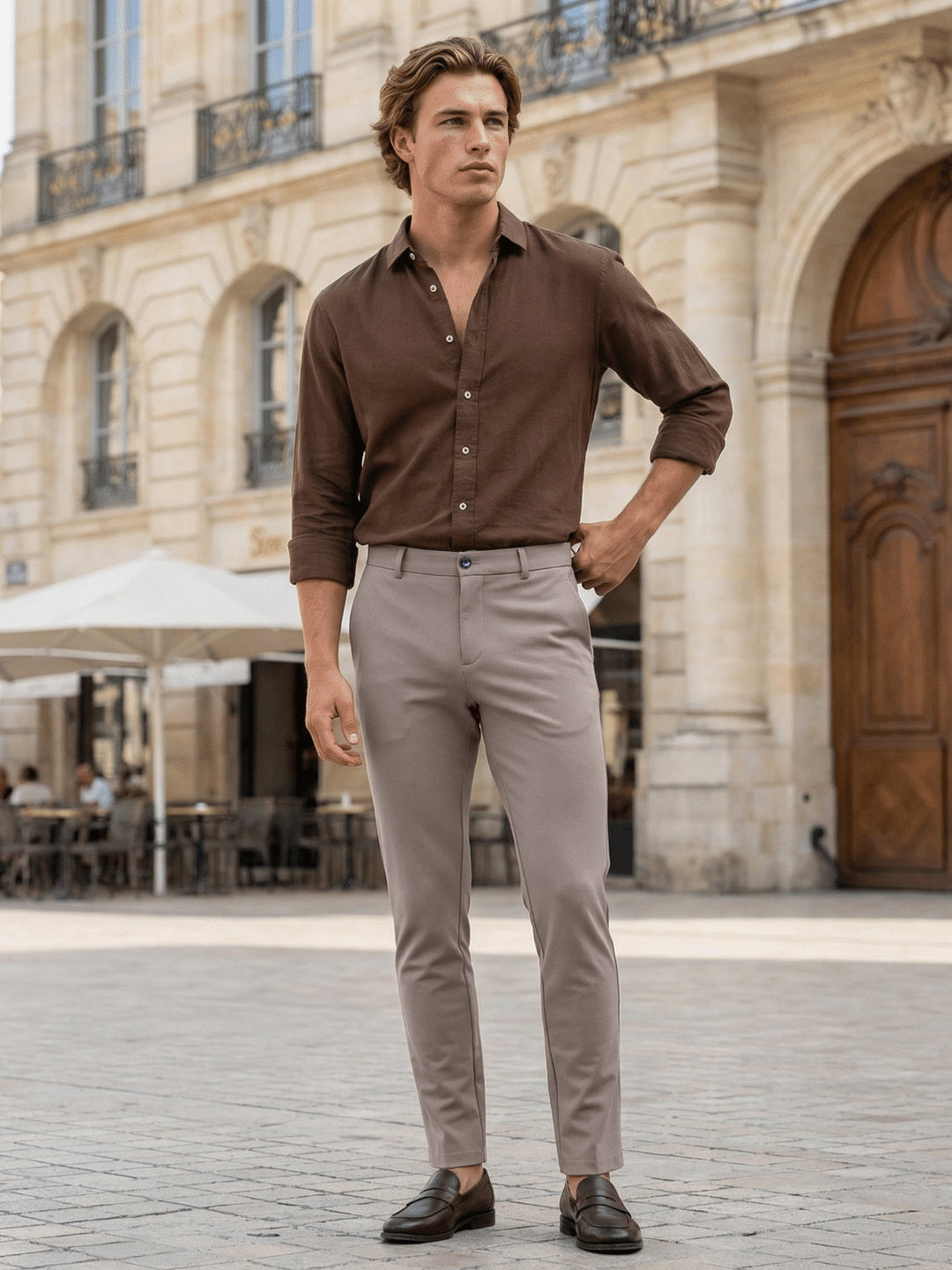Iconic Men Beige Solid Regular Fit Trouser