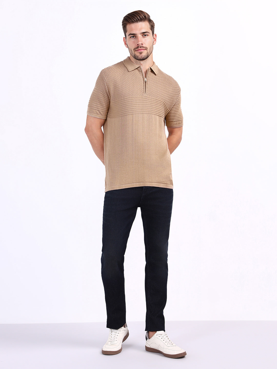 Iconic Men Beige Textured Polo Tshirt