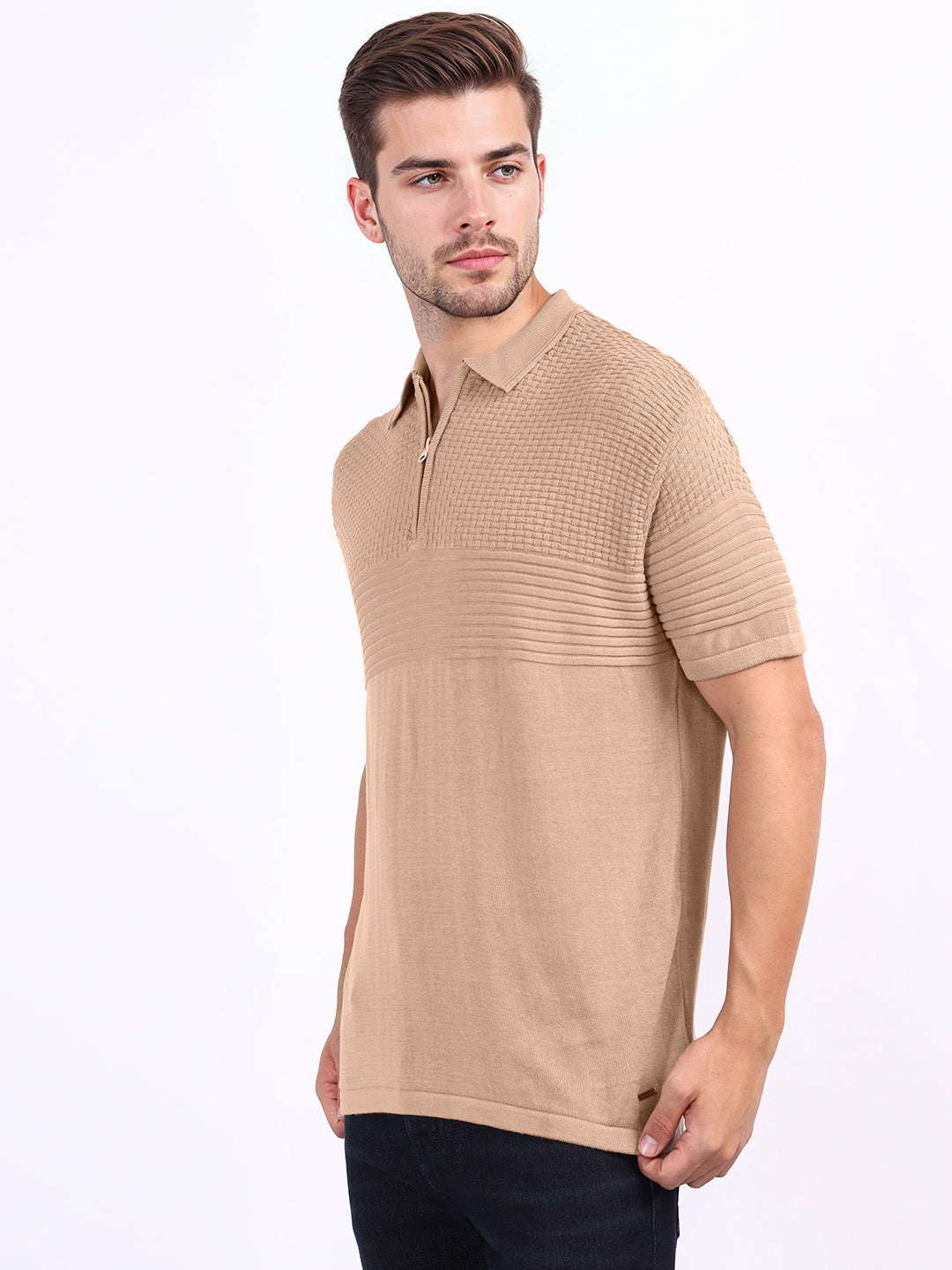Iconic Men Beige Textured Polo Tshirt