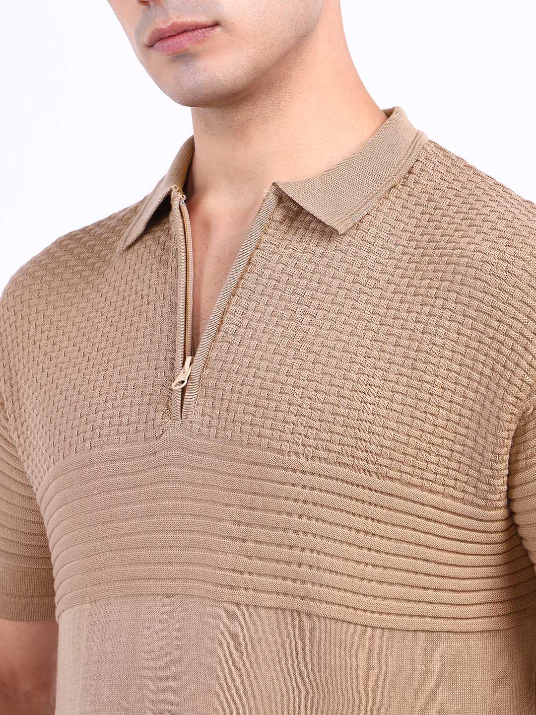Iconic Men Beige Textured Polo Tshirt