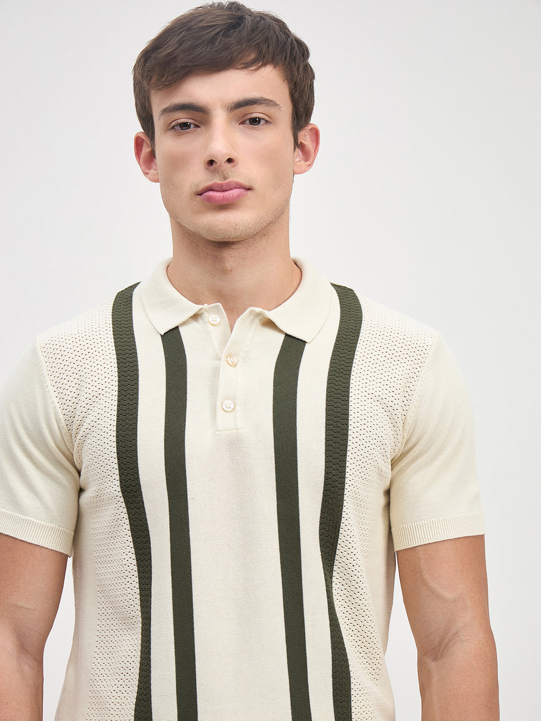ICONIC Men Cream Stripes Polo Neck Regular Fit Polo T-Shirt