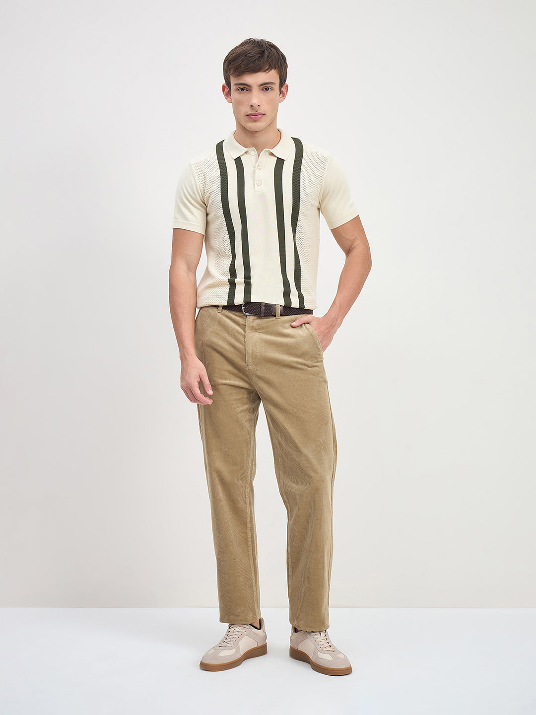 ICONIC Men Cream Stripes Polo Neck Regular Fit Polo T-Shirt