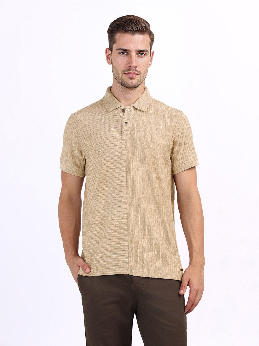 Iconic Men Beige Textured Polo Tshirt