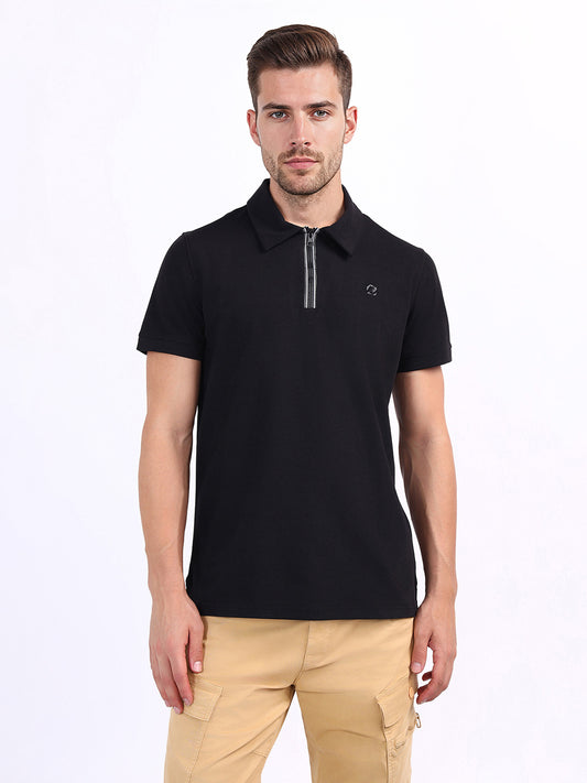 Iconic Men Black Textured Polo Tshirt