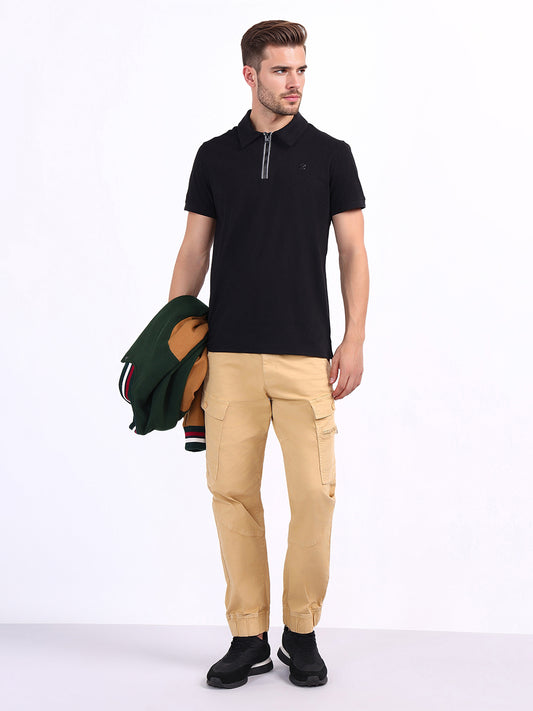 Iconic Men Black Textured Polo Tshirt