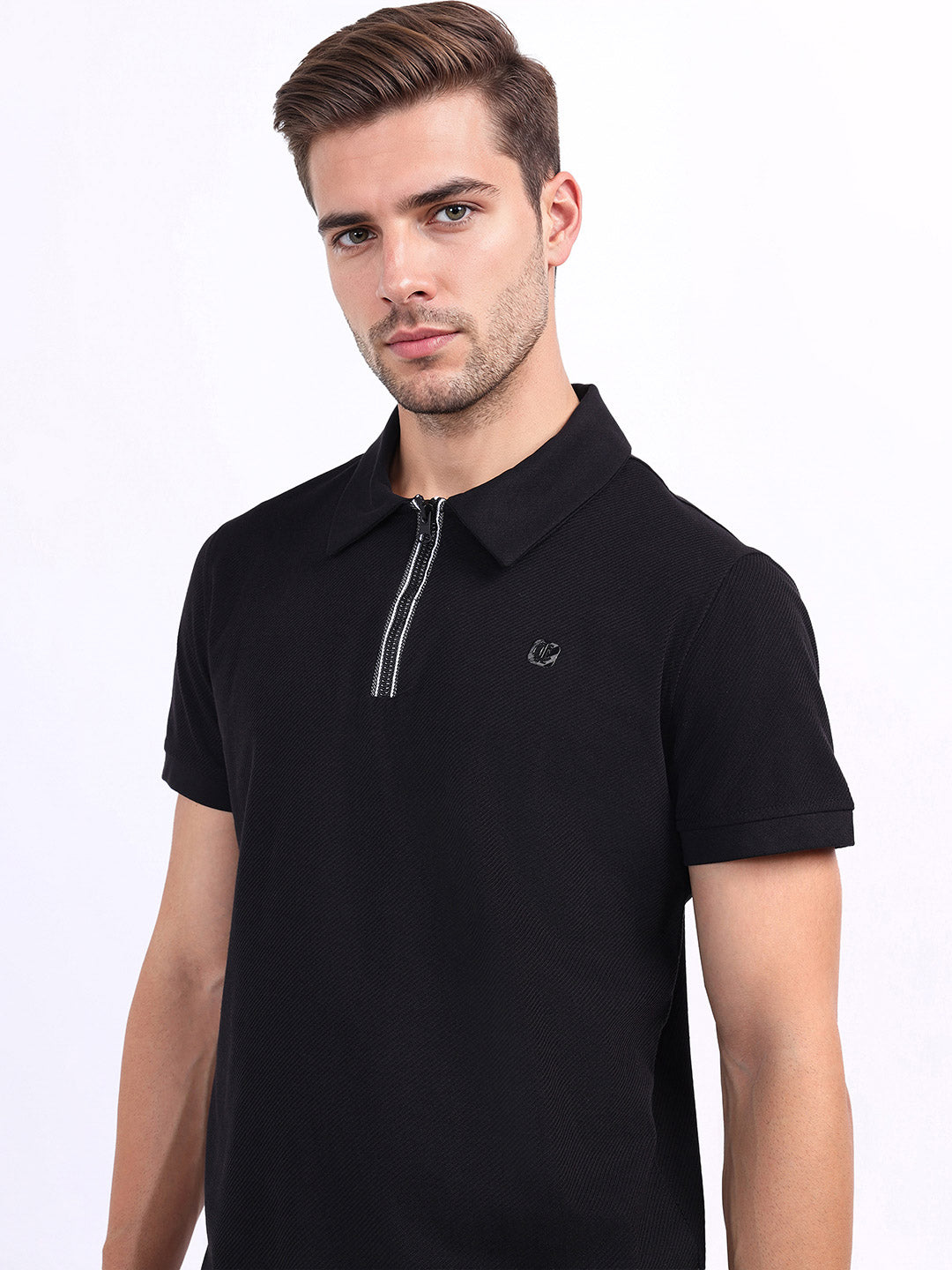 Iconic Men Black Textured Polo Tshirt