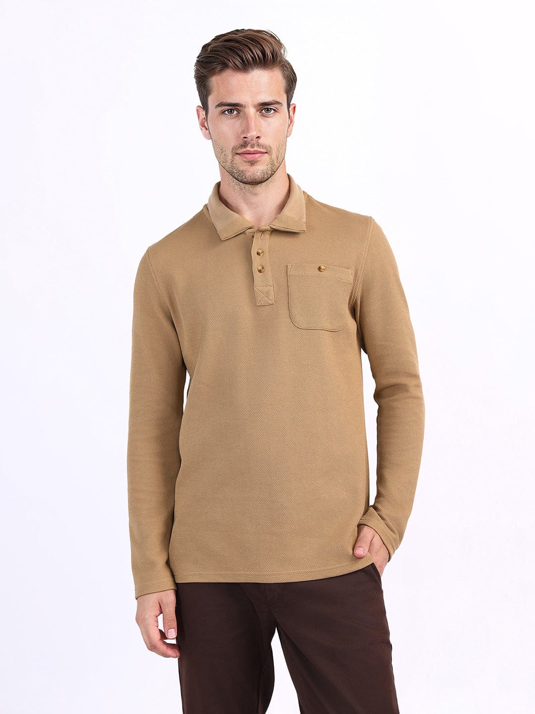 Iconic Men Brown Textured Polo Sweatshirt