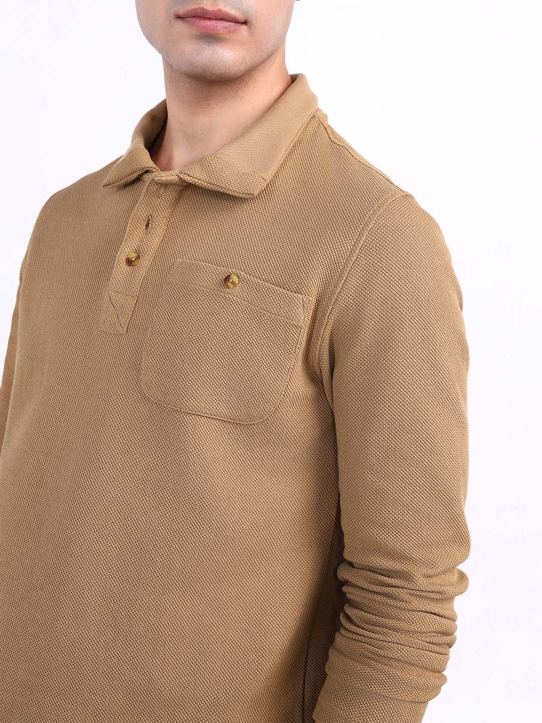 Iconic Men Brown Textured Polo Sweatshirt