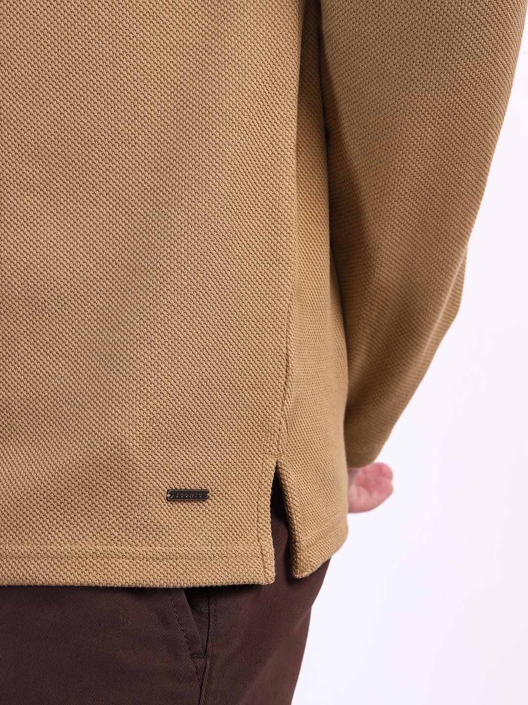 Iconic Men Brown Textured Polo Sweatshirt