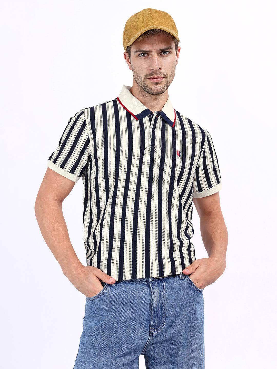 Iconic Men Blue Striped Polo Tshirt