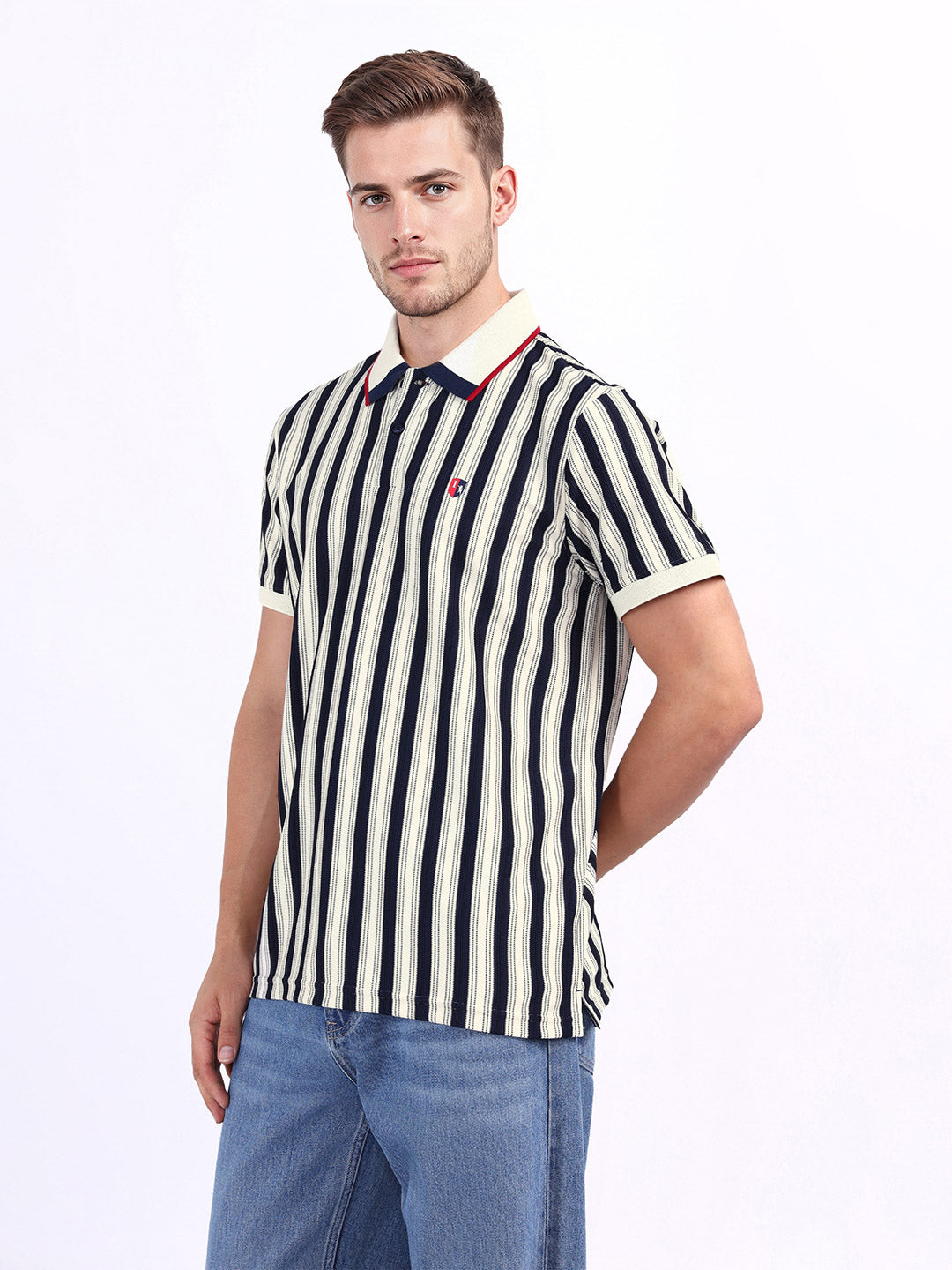 Iconic Men Blue Striped Polo Tshirt