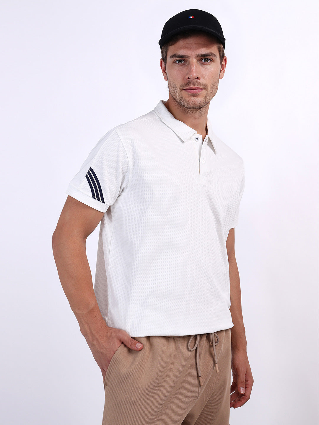 Iconic Men White Textured Polo Tshirt