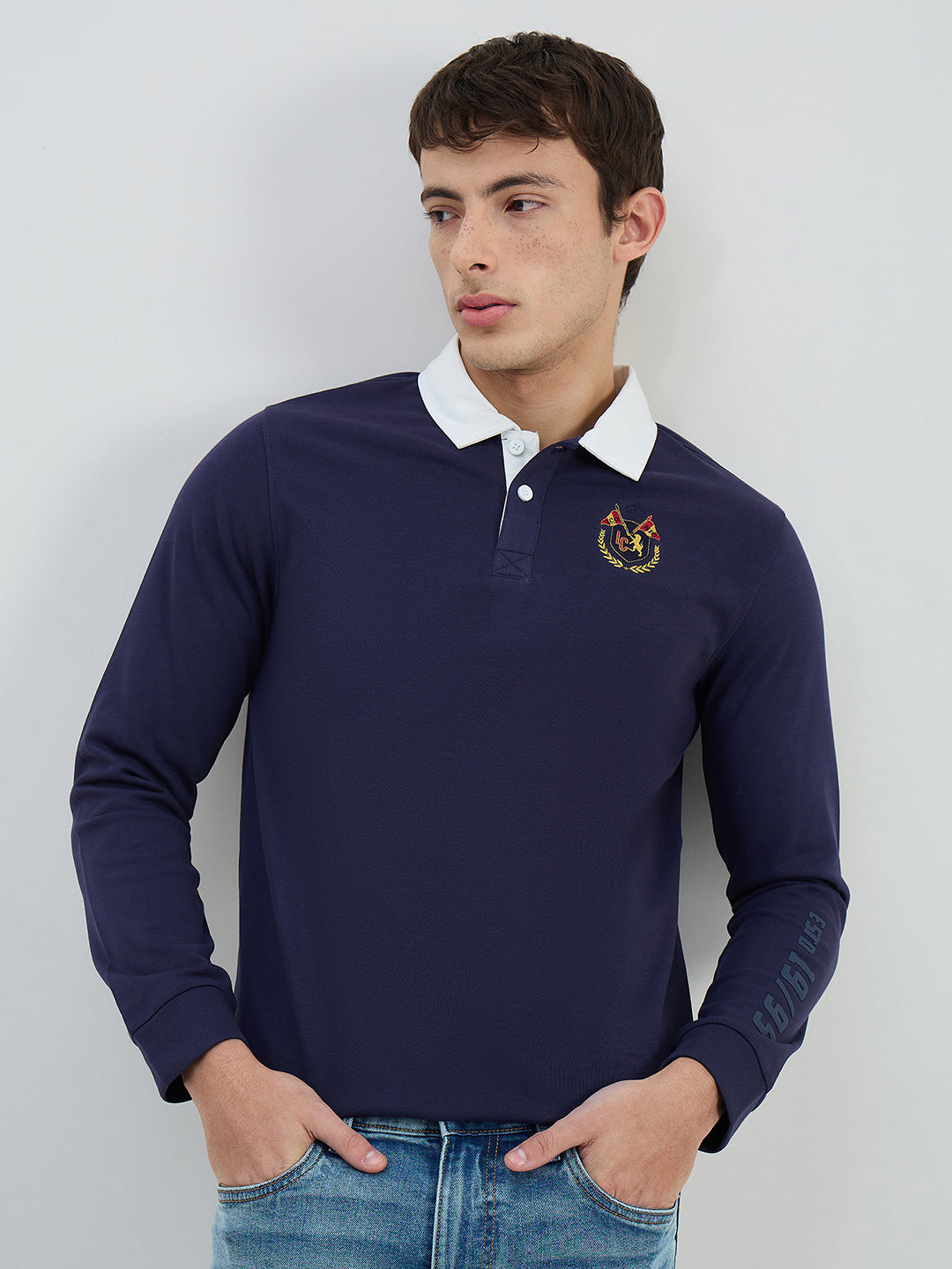 Iconic Men Regular Fit Navy Blue Logo Polo T-shirt