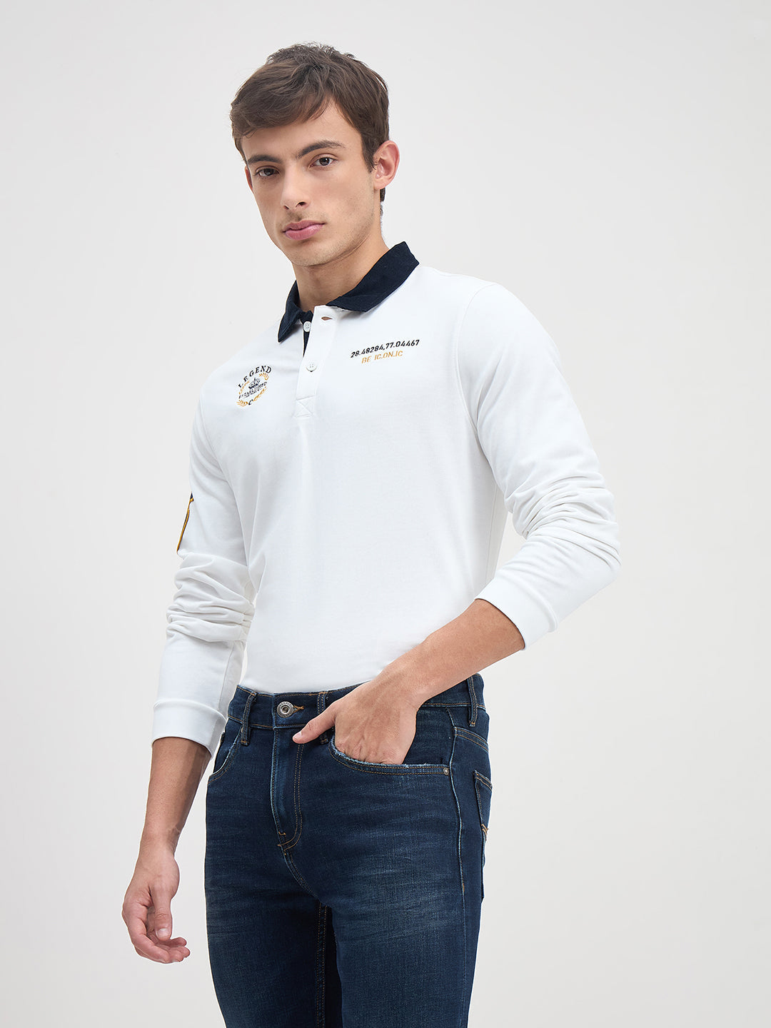 ICONIC Men White Logo Polo Neck Regular Fit Rugby
