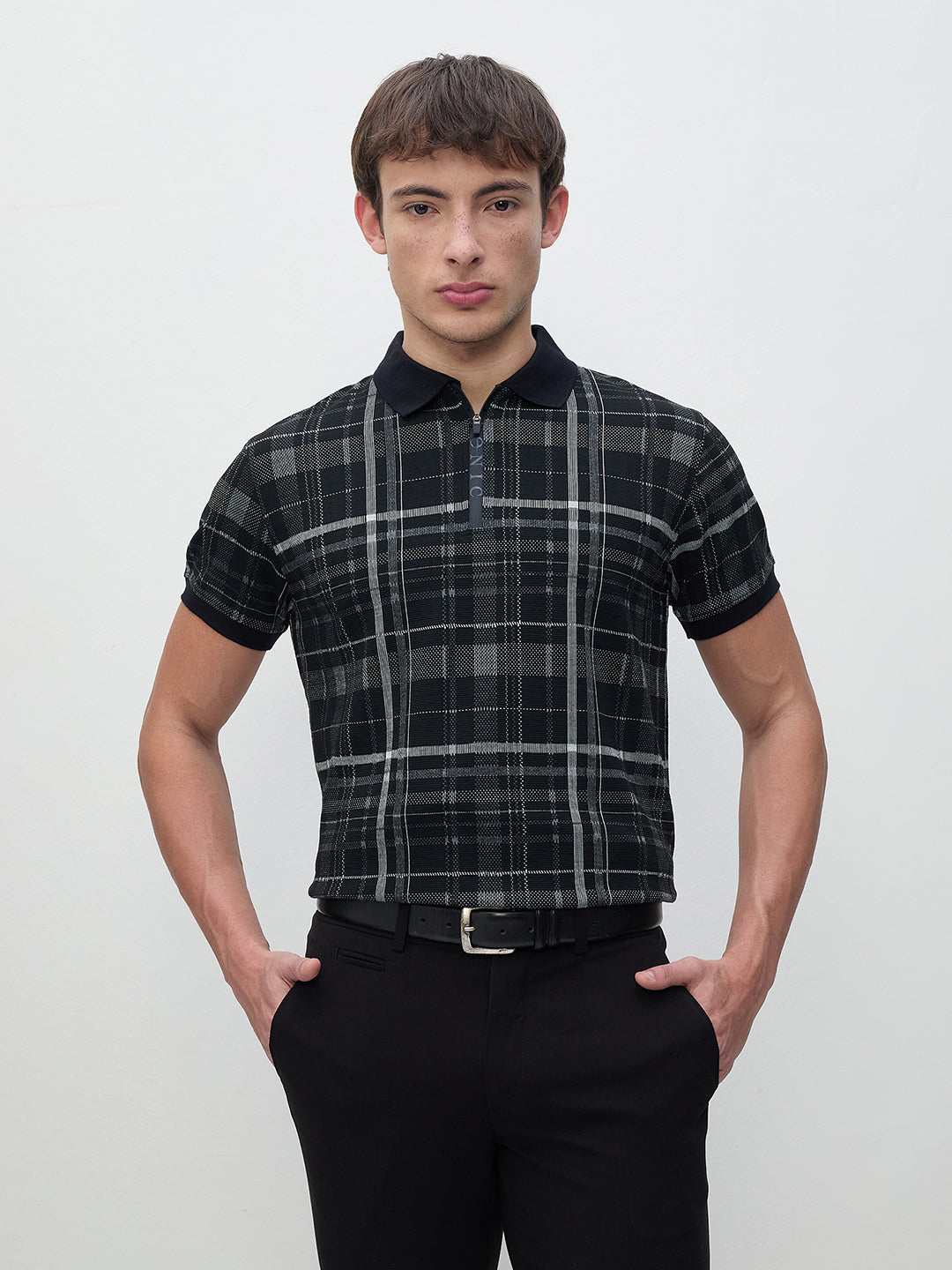 ICONIC Men Black Check Regular Fit Polo T-Shirt
