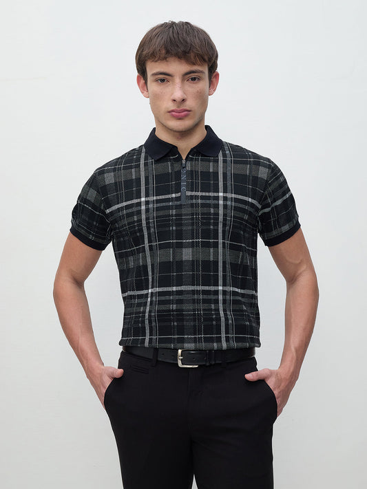 ICONIC Men Black Check Regular Fit Polo T-Shirt