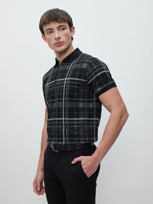 ICONIC Men Black Check Regular Fit Polo T-Shirt