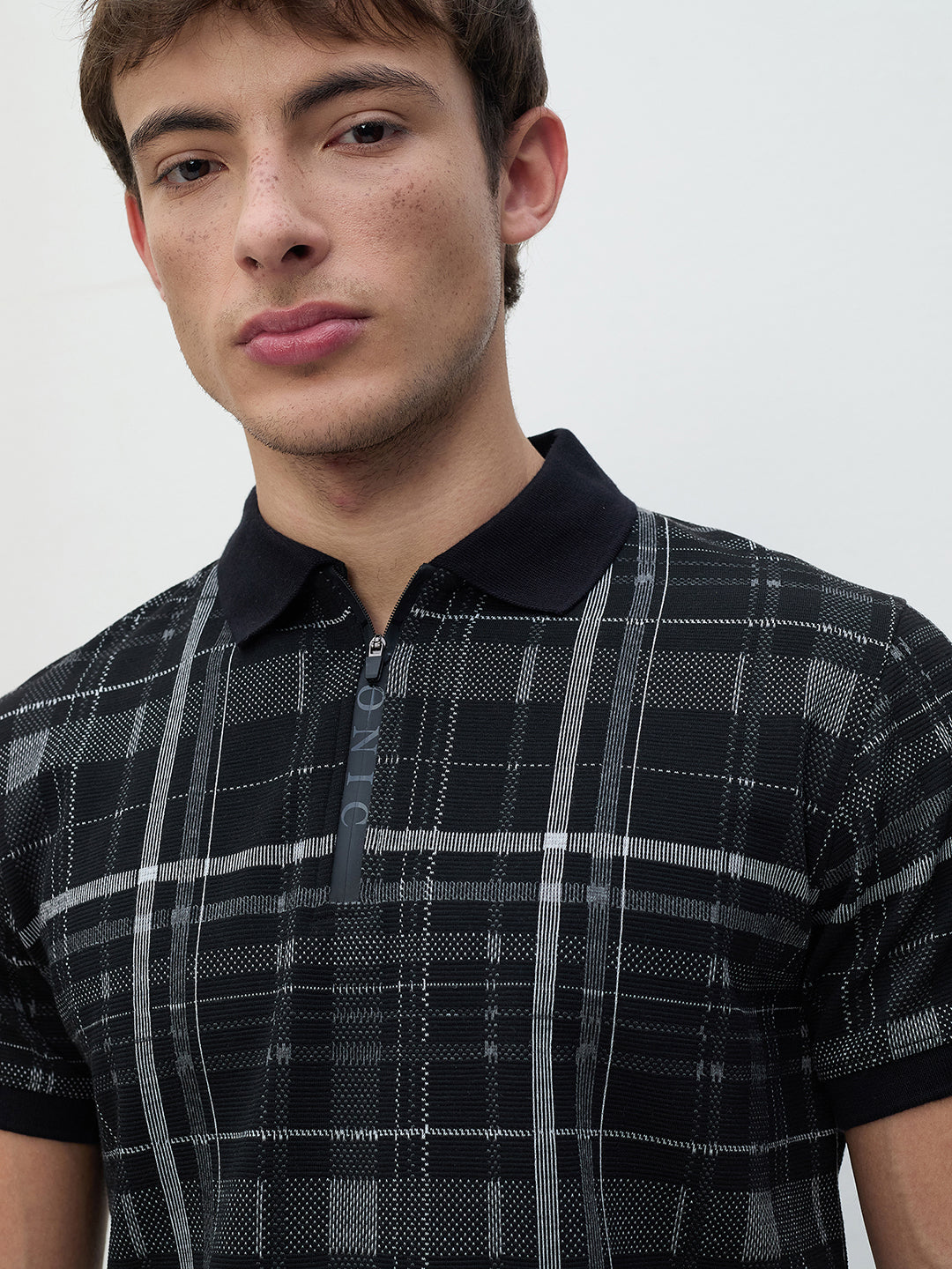 ICONIC Men Black Check Regular Fit Polo T-Shirt