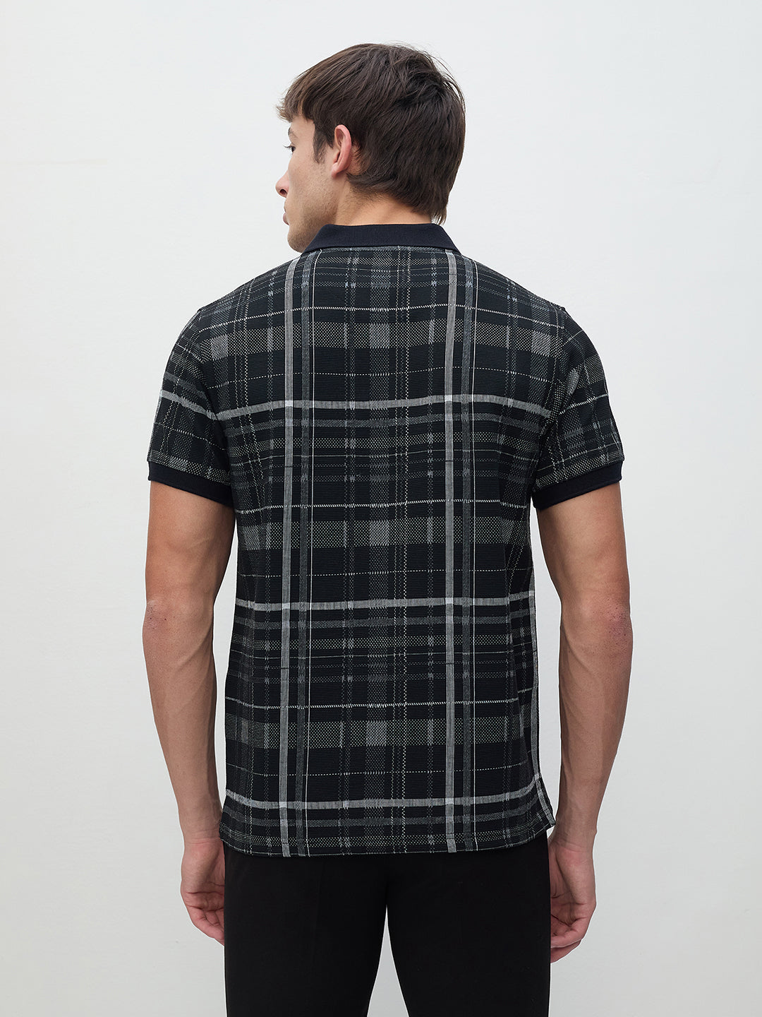 ICONIC Men Black Check Regular Fit Polo T-Shirt